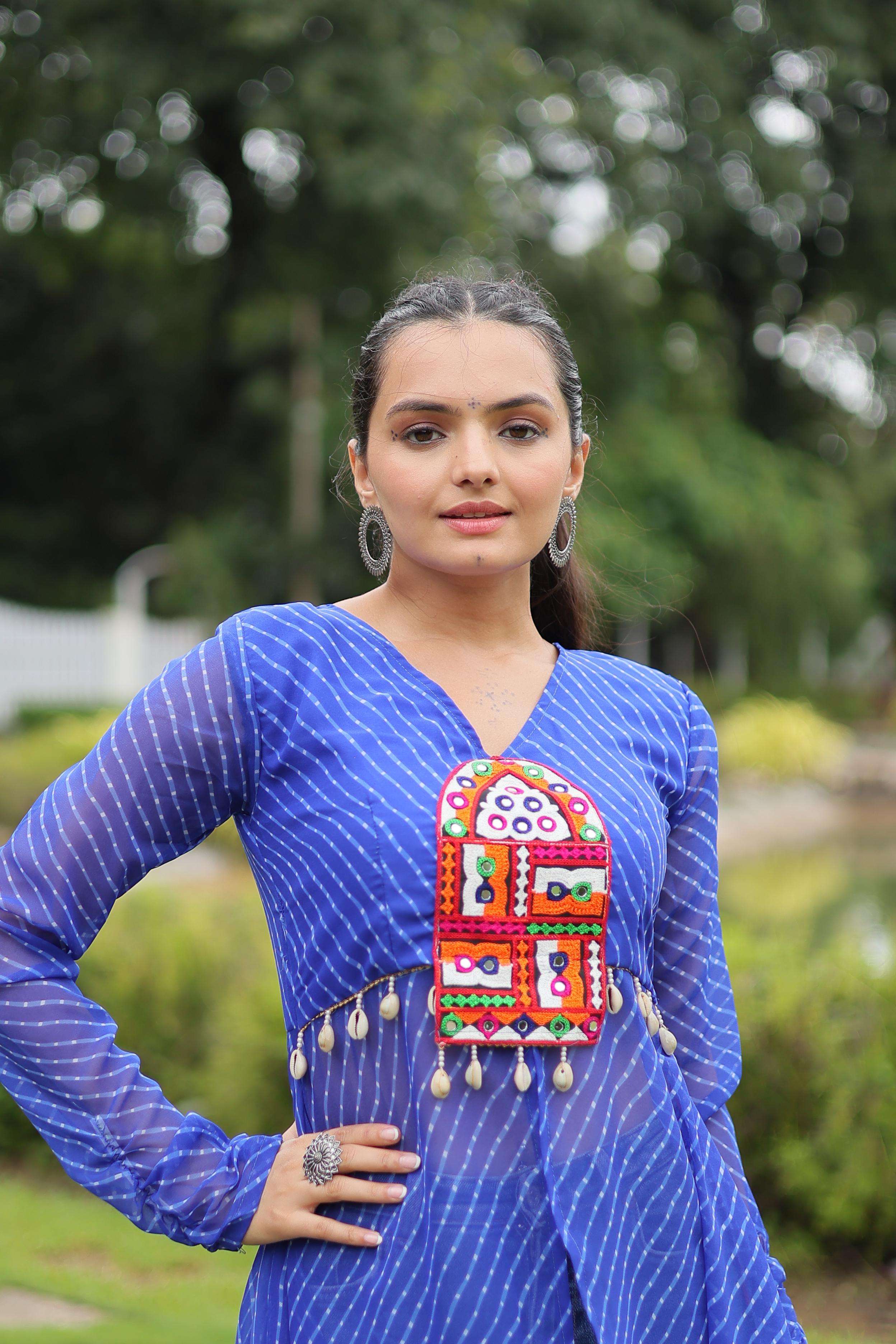  Leheriya Print work with kutchi patchework in Faux Georgette KURTI SUPPLIER IN SURAT